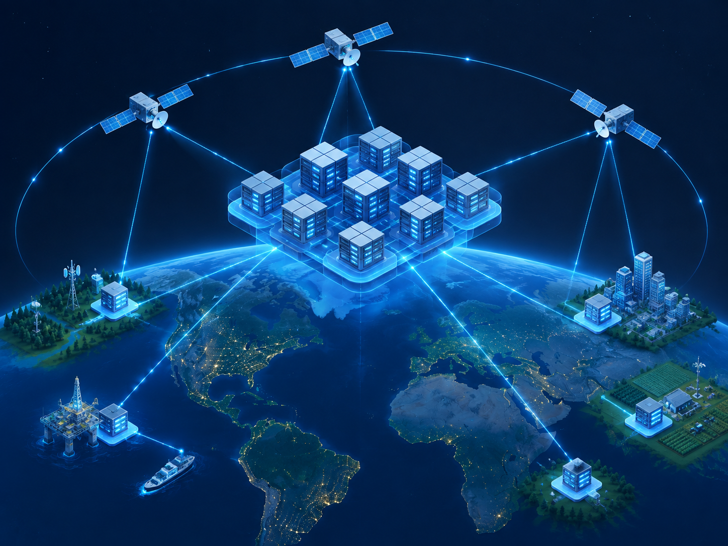从云到太空的分布式算力网络示意图