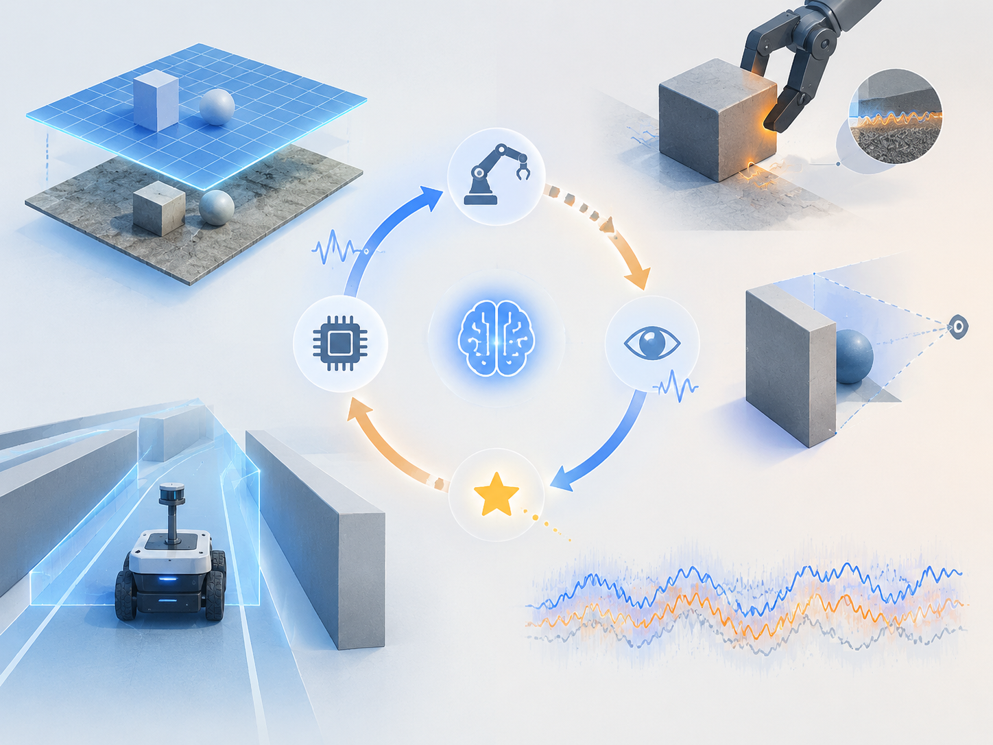 Physical AI 闭环与 sim2real 挑战示意图
