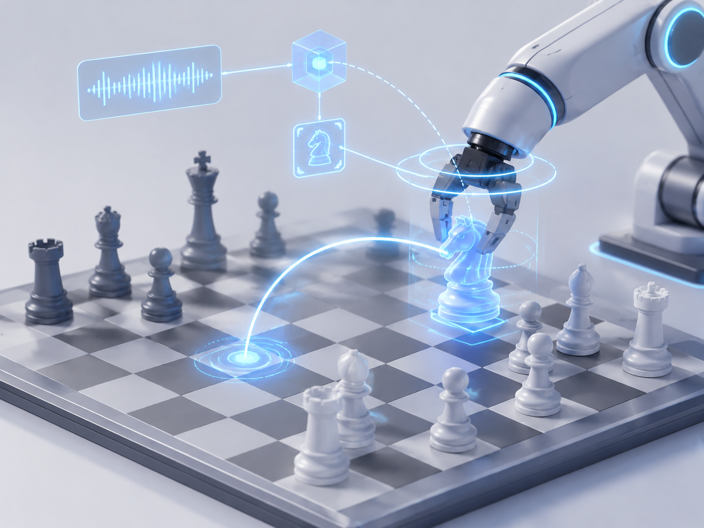 指令绑定棋子与机械臂的概念图