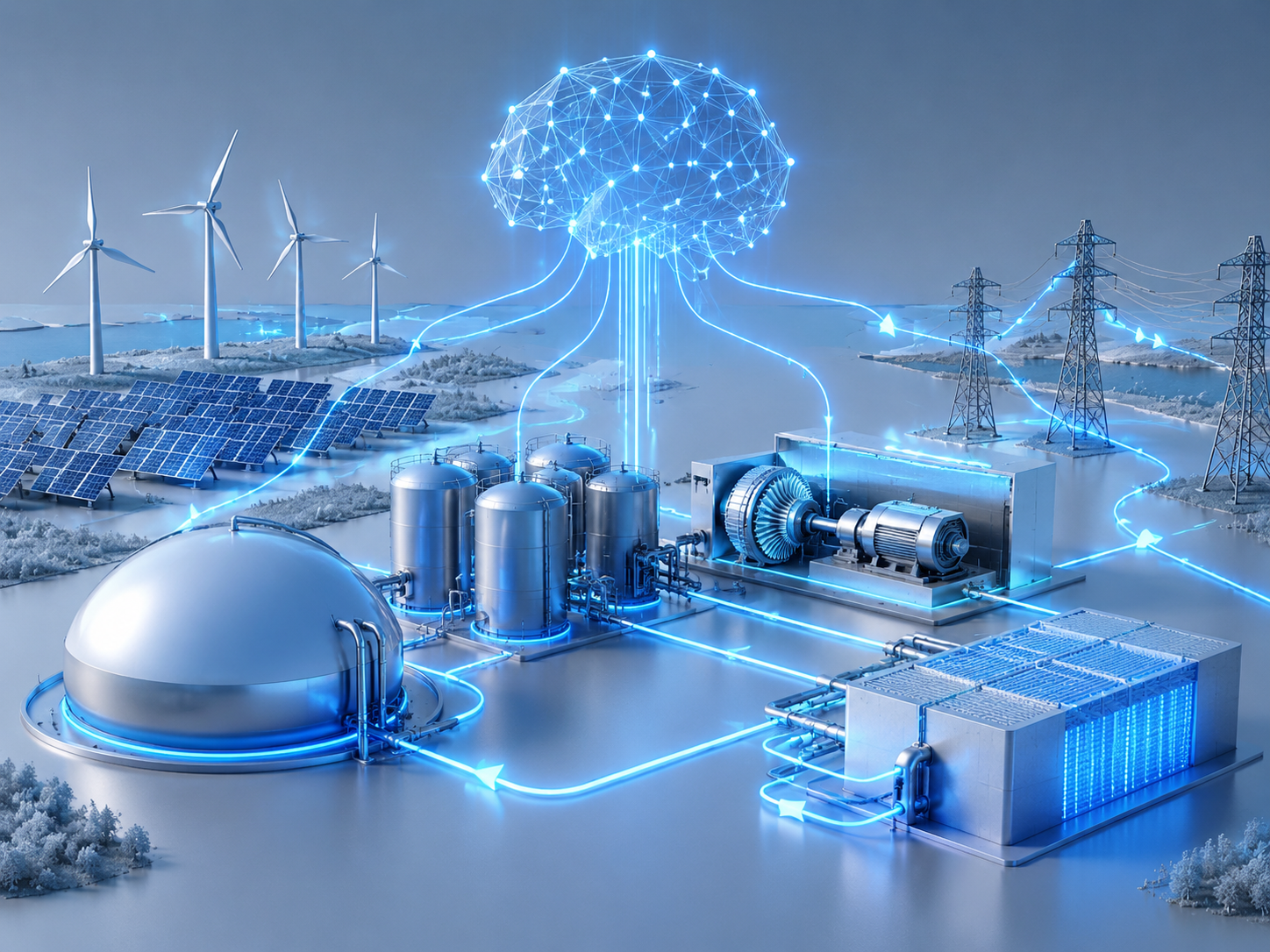 AI 调度二氧化碳大电池与风光电网的概念图